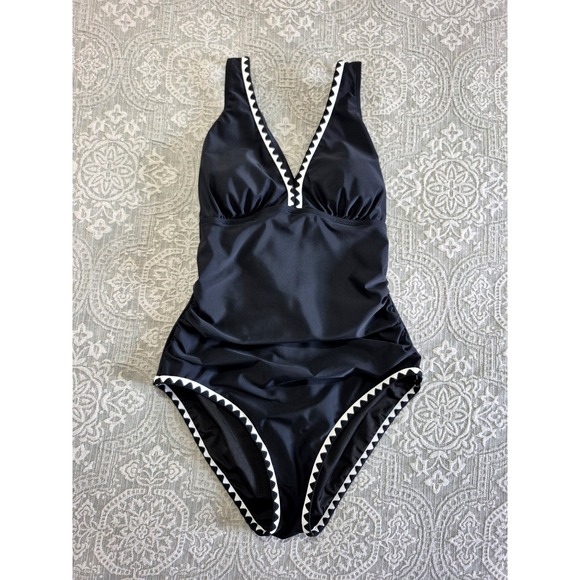 B2Prity Other - B2PRITY Womens One Piece Swimsuit Black Ric Rac Trim Ruched V-Neck Size M NWT